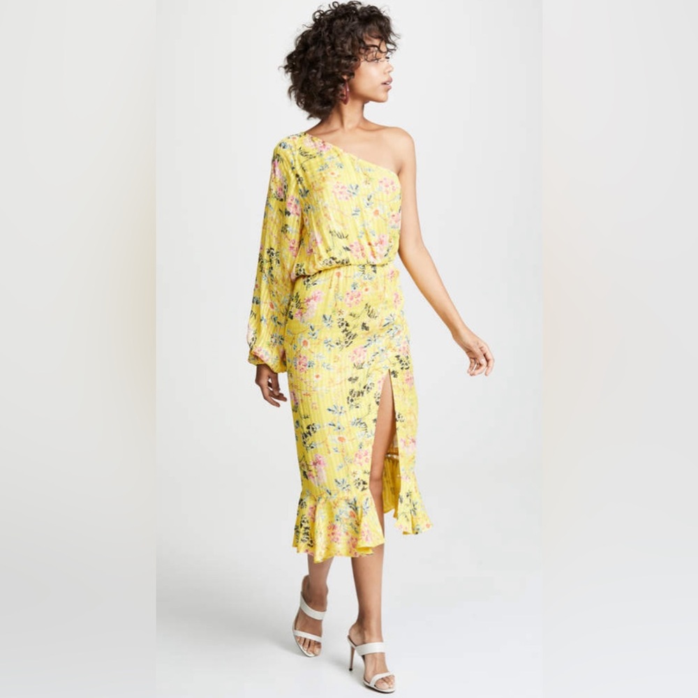 Hemant & Nandita Yellow One Shoulder Floral Cocktail Dress